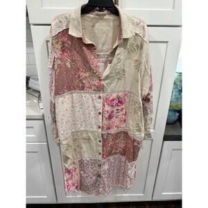 Oli & Hali Floral Patchwork Lace Tunic Shirt Duster Oversized Boho Button Down S